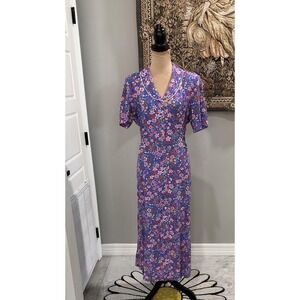 ERIKA Dress Womens Medium Blue Floral Button Front Maxi Shirt Dress Pockets